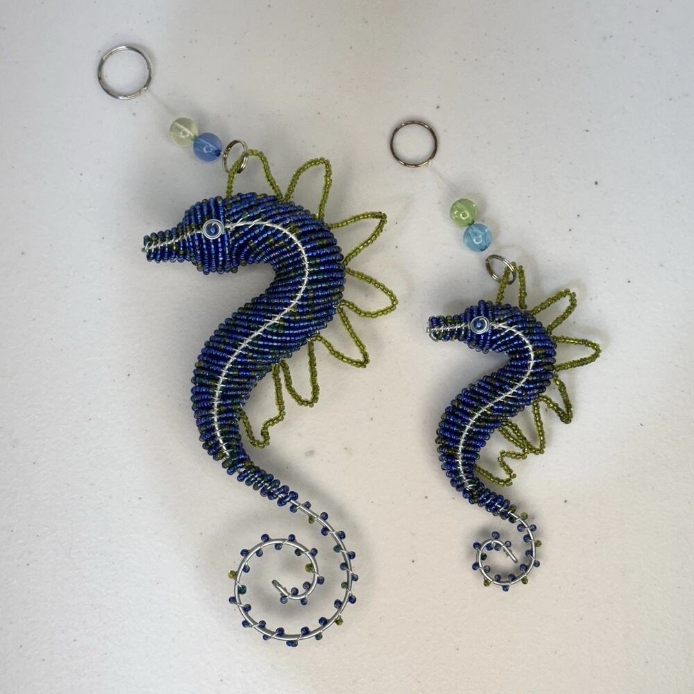Handmade Wire Beaded Blue Seahorse Nautical Art Hanging Charm Decor By Beadworx